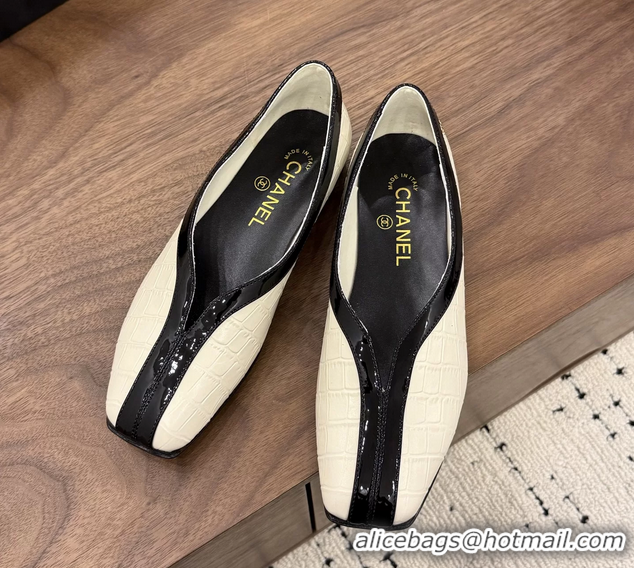 Classic Chanel Cream White Crocodile Embossed Calfskin Leather Flat Shoes 6052001