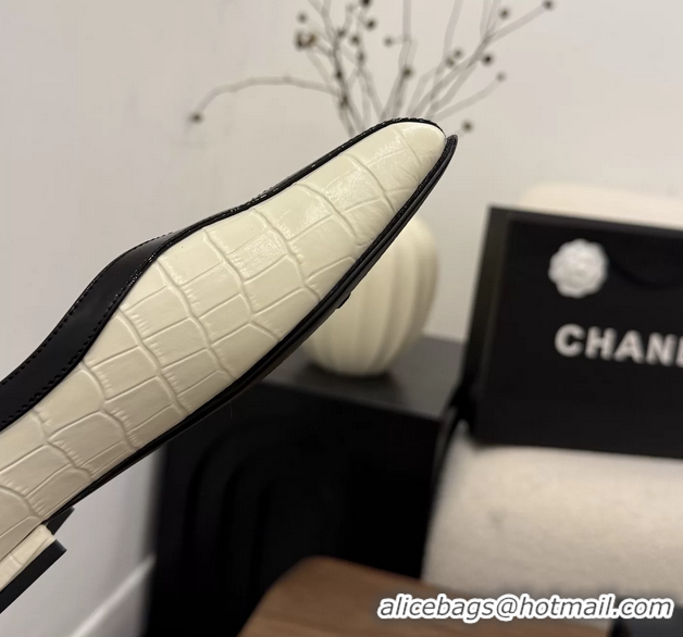 Classic Chanel Cream White Crocodile Embossed Calfskin Leather Flat Shoes 6052001