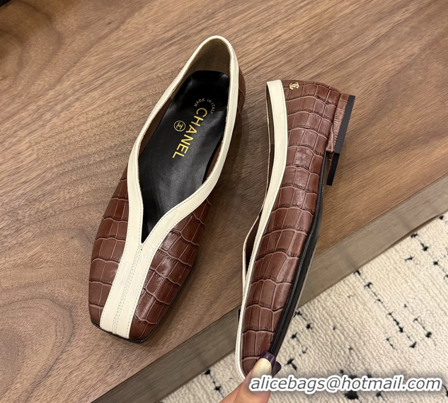 Fashion Chanel Brown Crocodile Embossed Calfskin Leather Flat Shoes 6052001