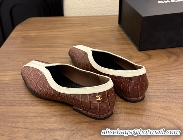 Fashion Chanel Brown Crocodile Embossed Calfskin Leather Flat Shoes 6052001