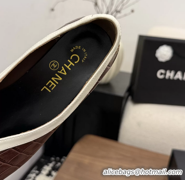 Fashion Chanel Brown Crocodile Embossed Calfskin Leather Flat Shoes 6052001