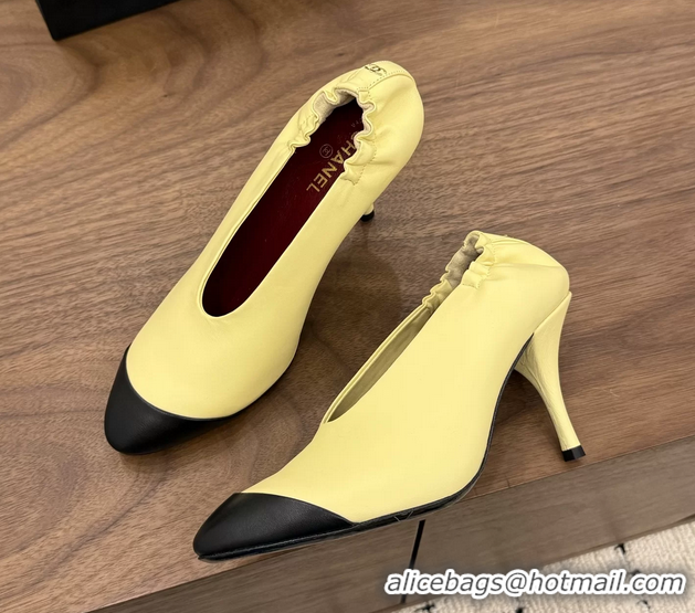 Classic Chanel Yellow Black Calfskin Leather Pumps Shoes 6052002