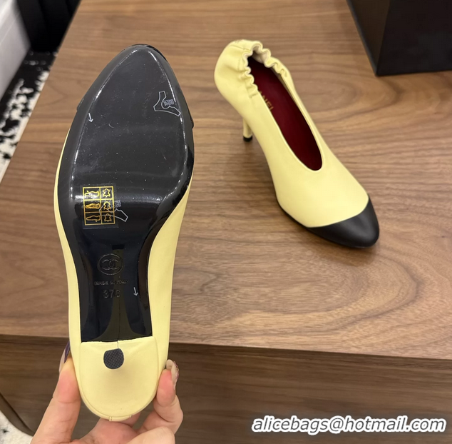 Classic Chanel Yellow Black Calfskin Leather Pumps Shoes 6052002
