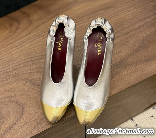 Comfortable Chanel Silver Gold Metallic Calfskin Leather Pumps Shoes 6052002