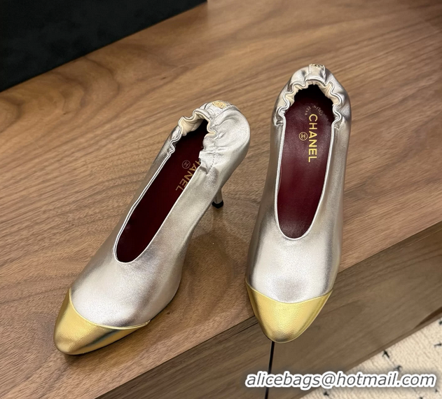 Comfortable Chanel Silver Gold Metallic Calfskin Leather Pumps Shoes 6052002