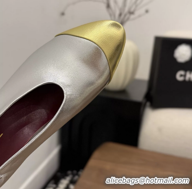 Comfortable Chanel Silver Gold Metallic Calfskin Leather Pumps Shoes 6052002