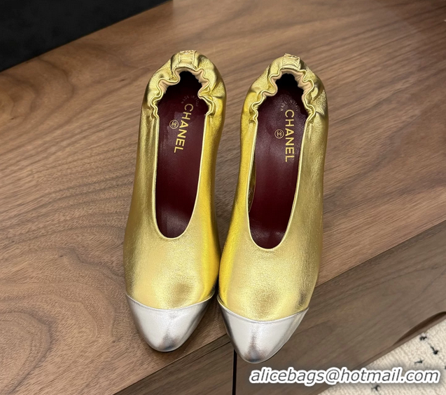 Buy Discount Chanel Gold Silver Metallic Calfskin Leather Pumps Shoes 6052002