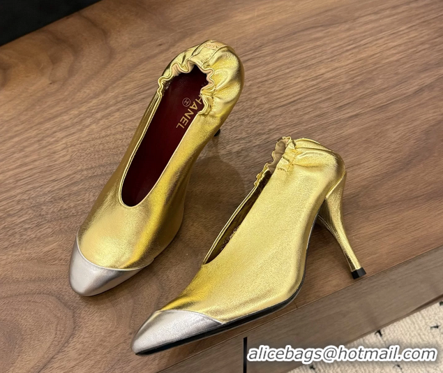 Buy Discount Chanel Gold Silver Metallic Calfskin Leather Pumps Shoes 6052002