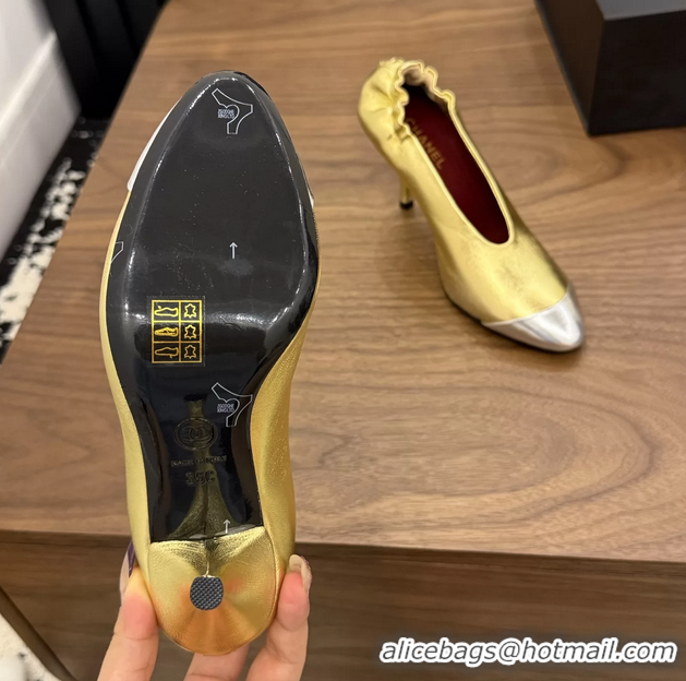 Buy Discount Chanel Gold Silver Metallic Calfskin Leather Pumps Shoes 6052002