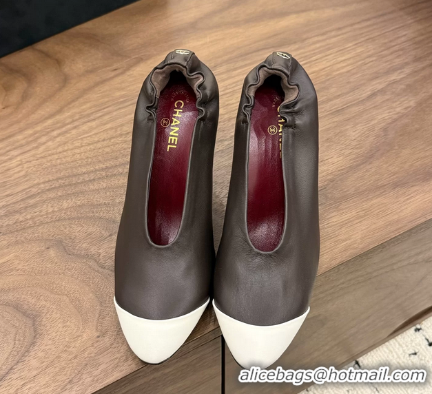Fashion Chanel Dark Brown White Calfskin Leather Pumps Shoes 6052002