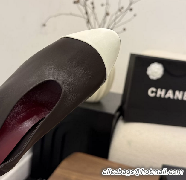 Fashion Chanel Dark Brown White Calfskin Leather Pumps Shoes 6052002