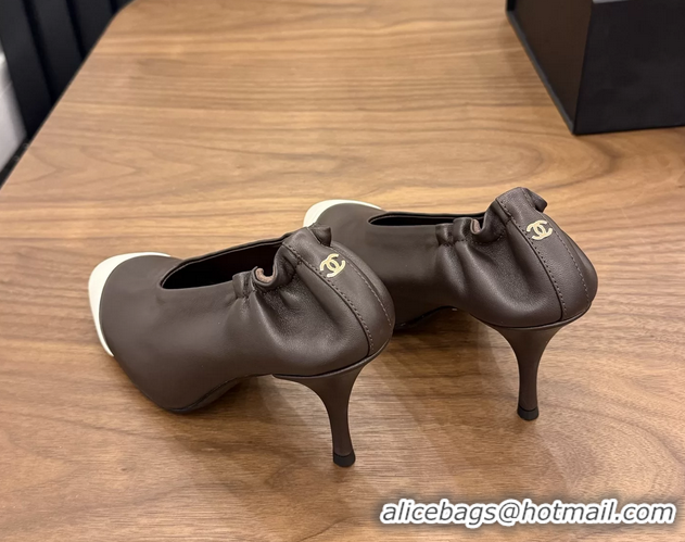 Fashion Chanel Dark Brown White Calfskin Leather Pumps Shoes 6052002