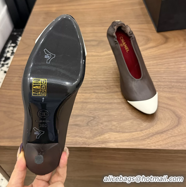 Fashion Chanel Dark Brown White Calfskin Leather Pumps Shoes 6052002