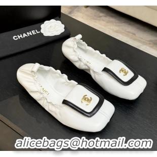 Lower Price Chanel CC Logo Ballet Flats with Flap White Calfskin Leather 6052003