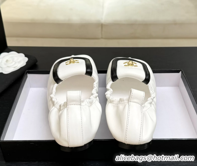 Lower Price Chanel CC Logo Ballet Flats with Flap White Calfskin Leather 6052003