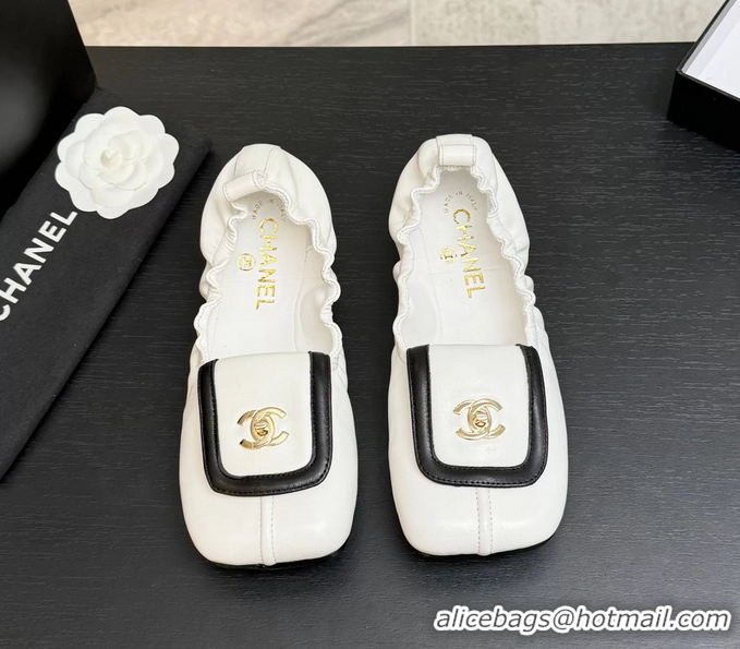 Lower Price Chanel CC Logo Ballet Flats with Flap White Calfskin Leather 6052003