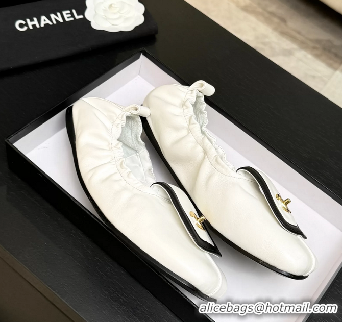 Lower Price Chanel CC Logo Ballet Flats with Flap White Calfskin Leather 6052003