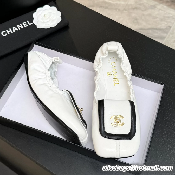 Lower Price Chanel CC Logo Ballet Flats with Flap White Calfskin Leather 6052003