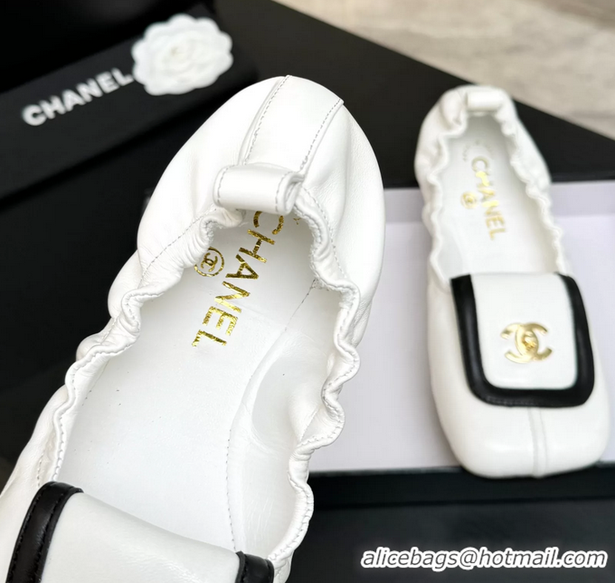 Lower Price Chanel CC Logo Ballet Flats with Flap White Calfskin Leather 6052003