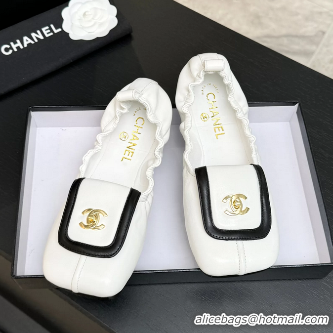 Lower Price Chanel CC Logo Ballet Flats with Flap White Calfskin Leather 6052003
