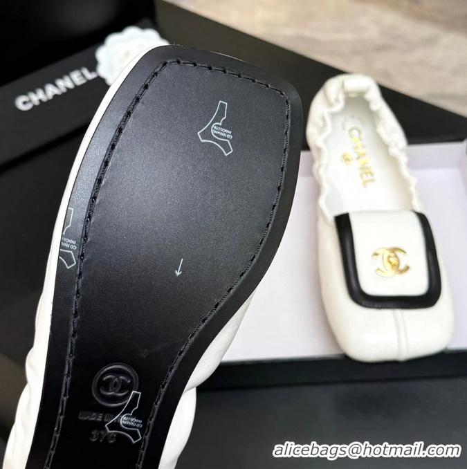 Lower Price Chanel CC Logo Ballet Flats with Flap White Calfskin Leather 6052003