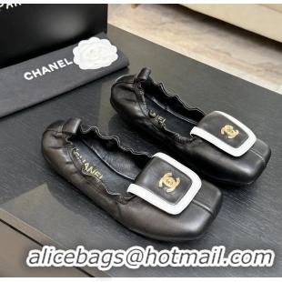 Original Cheap Chanel CC Logo Ballet Flats with Flap Black Calfskin Leather 6052003