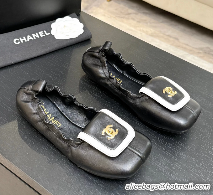 Original Cheap Chanel CC Logo Ballet Flats with Flap Black Calfskin Leather 6052003