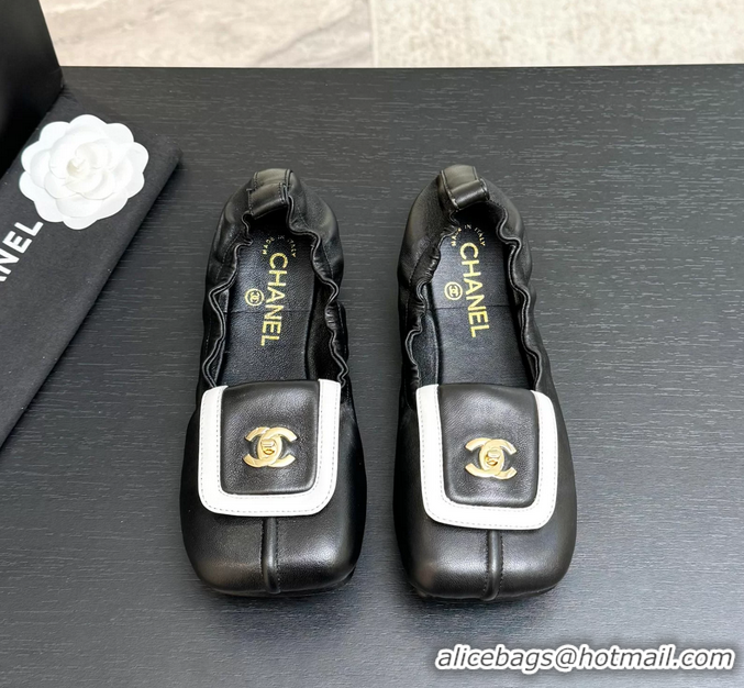 Original Cheap Chanel CC Logo Ballet Flats with Flap Black Calfskin Leather 6052003