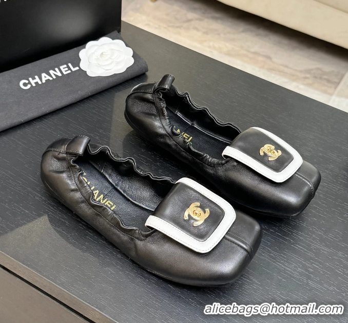 Original Cheap Chanel CC Logo Ballet Flats with Flap Black Calfskin Leather 6052003