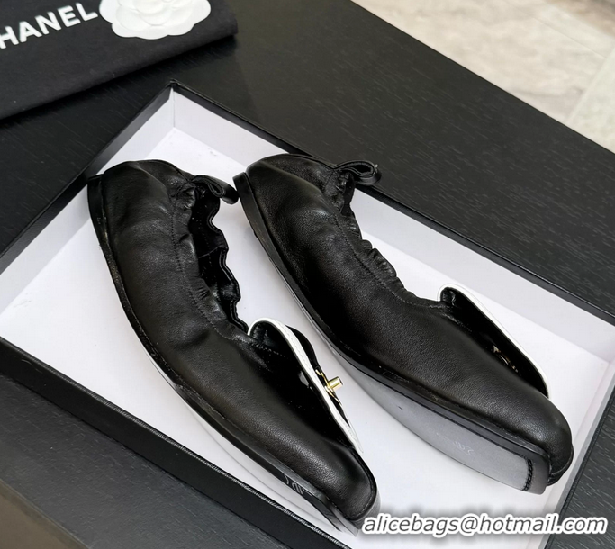 Original Cheap Chanel CC Logo Ballet Flats with Flap Black Calfskin Leather 6052003