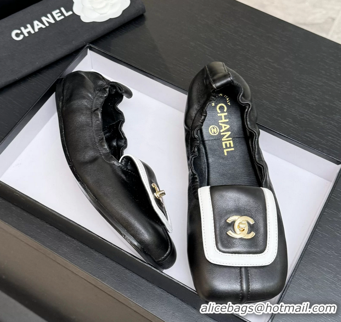 Original Cheap Chanel CC Logo Ballet Flats with Flap Black Calfskin Leather 6052003