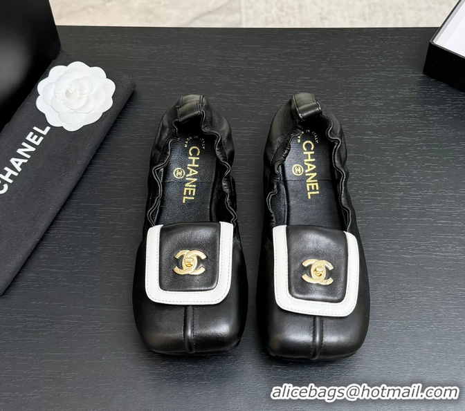 Original Cheap Chanel CC Logo Ballet Flats with Flap Black Calfskin Leather 6052003