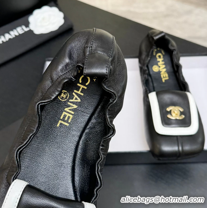 Original Cheap Chanel CC Logo Ballet Flats with Flap Black Calfskin Leather 6052003