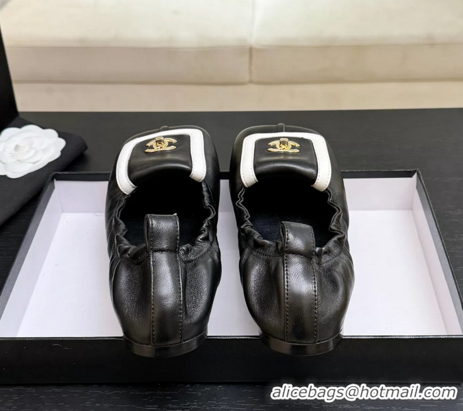 Original Cheap Chanel CC Logo Ballet Flats with Flap Black Calfskin Leather 6052003