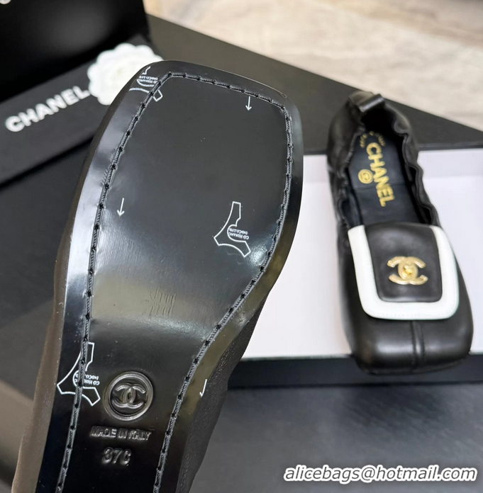 Original Cheap Chanel CC Logo Ballet Flats with Flap Black Calfskin Leather 6052003