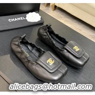 Discount Chanel CC Logo Ballet Flats with Flap Black Calfskin Leather 6052003