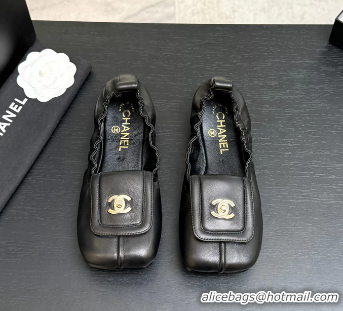 Discount Chanel CC Logo Ballet Flats with Flap Black Calfskin Leather 6052003