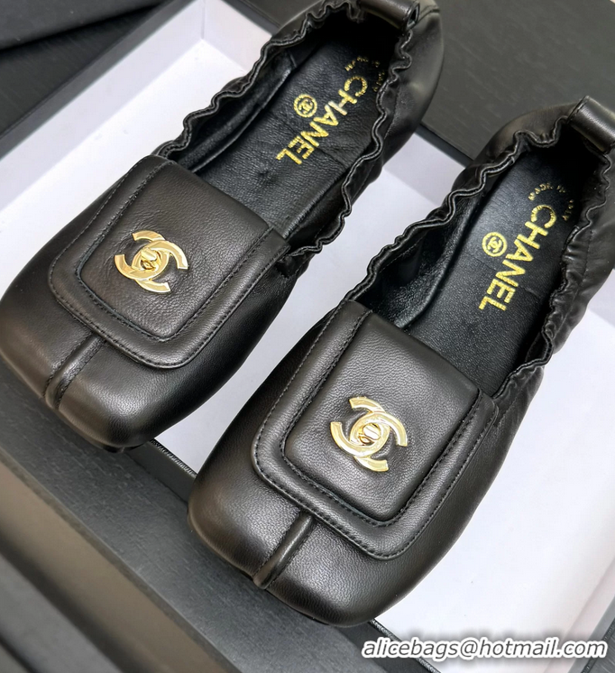 Discount Chanel CC Logo Ballet Flats with Flap Black Calfskin Leather 6052003