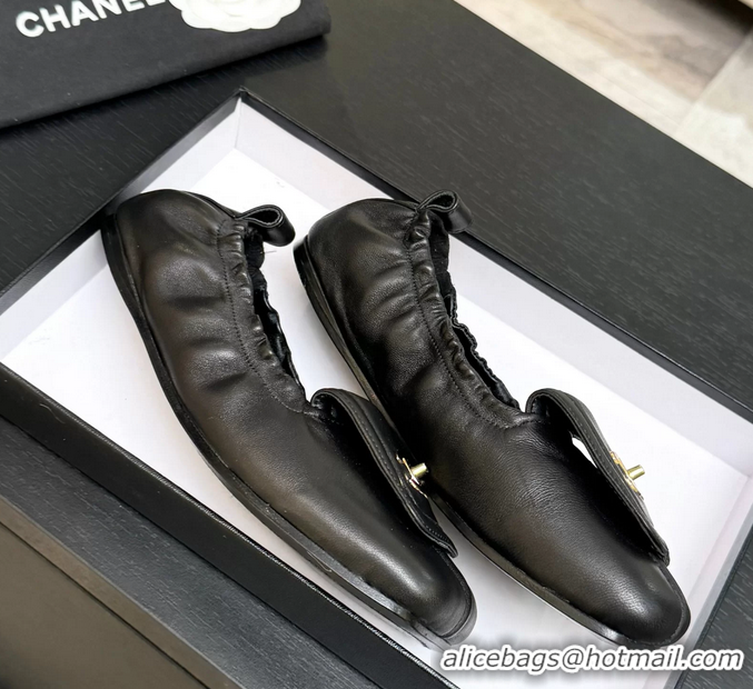 Discount Chanel CC Logo Ballet Flats with Flap Black Calfskin Leather 6052003