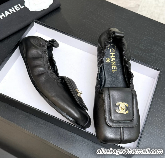 Discount Chanel CC Logo Ballet Flats with Flap Black Calfskin Leather 6052003