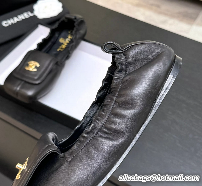Discount Chanel CC Logo Ballet Flats with Flap Black Calfskin Leather 6052003