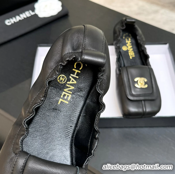 Discount Chanel CC Logo Ballet Flats with Flap Black Calfskin Leather 6052003
