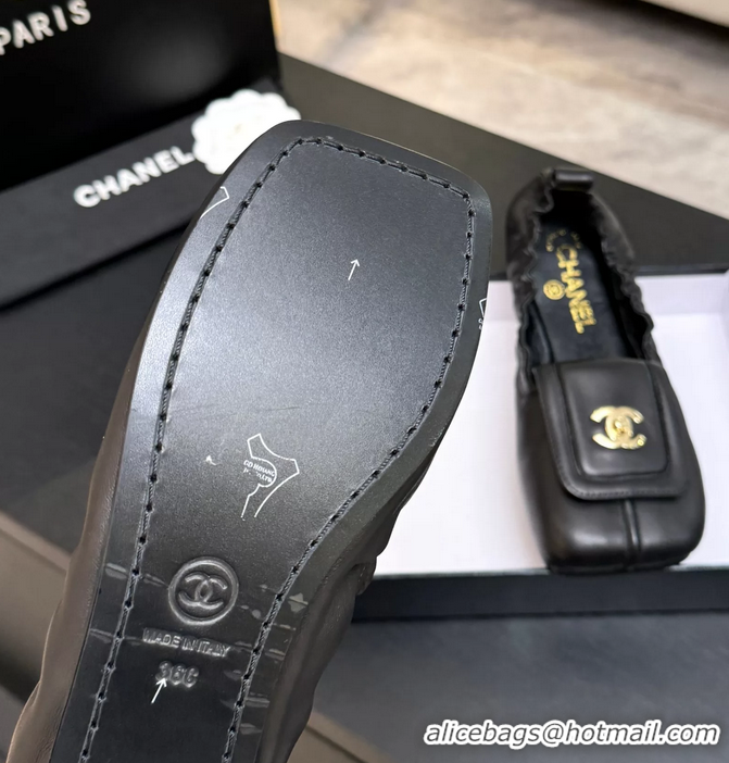 Discount Chanel CC Logo Ballet Flats with Flap Black Calfskin Leather 6052003