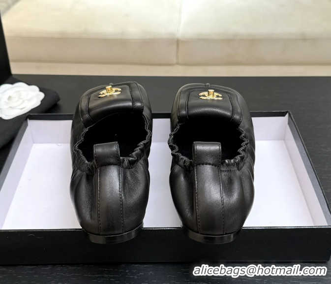 Discount Chanel CC Logo Ballet Flats with Flap Black Calfskin Leather 6052003