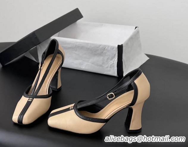 Cheap Price Chanel CC T Strap Beige Black Leather Pumps 6052004