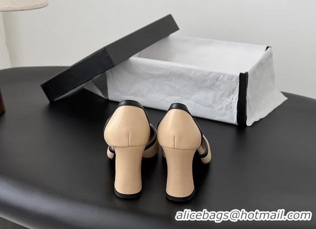 Cheap Price Chanel CC T Strap Beige Black Leather Pumps 6052004