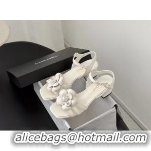 Top Grade Chanel CC White Leather Camellia Flower Heeled Sandals 6052005