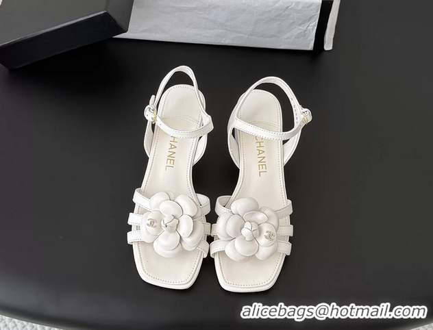 Top Grade Chanel CC White Leather Camellia Flower Heeled Sandals 6052005