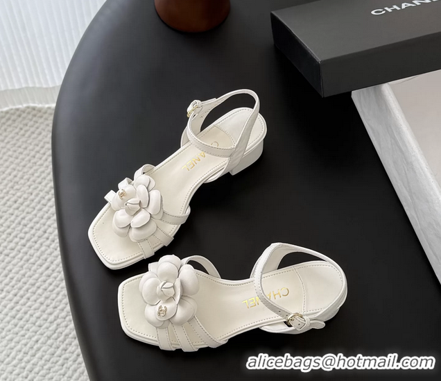 Top Grade Chanel CC White Leather Camellia Flower Heeled Sandals 6052005