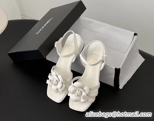 Top Grade Chanel CC White Leather Camellia Flower Heeled Sandals 6052005